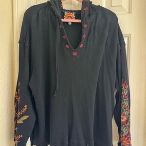 Johnny Was Black Embroidered Thermal Hoodie with Floral Sleeves XXL